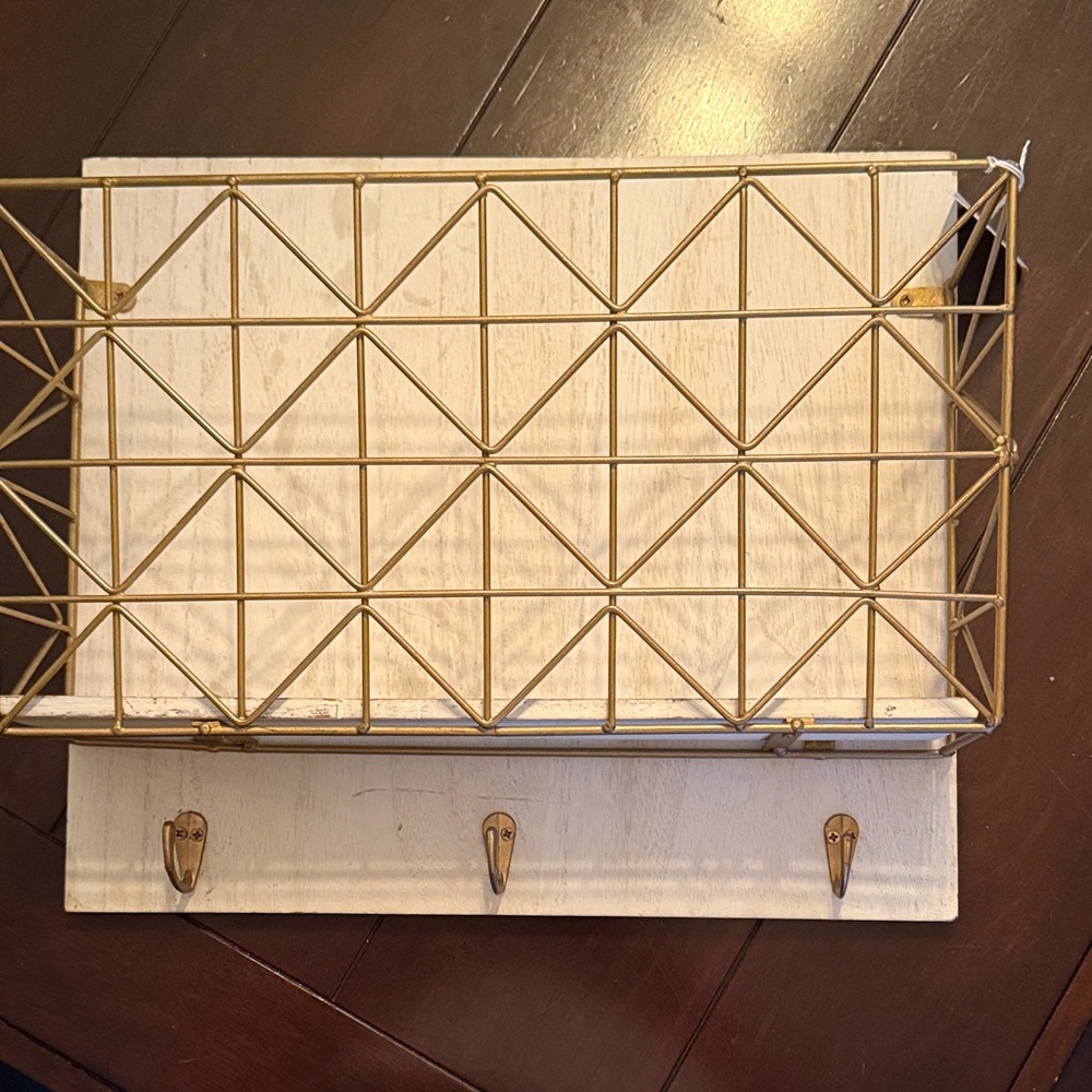 Gold Wire Wall Shelf with Hooks